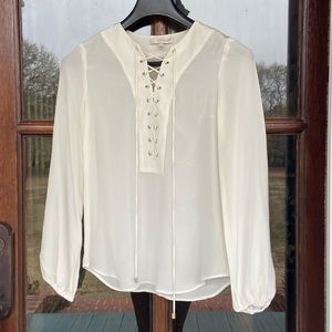 Lavender Brown 💯 silk lace front boho style‎ top. XS